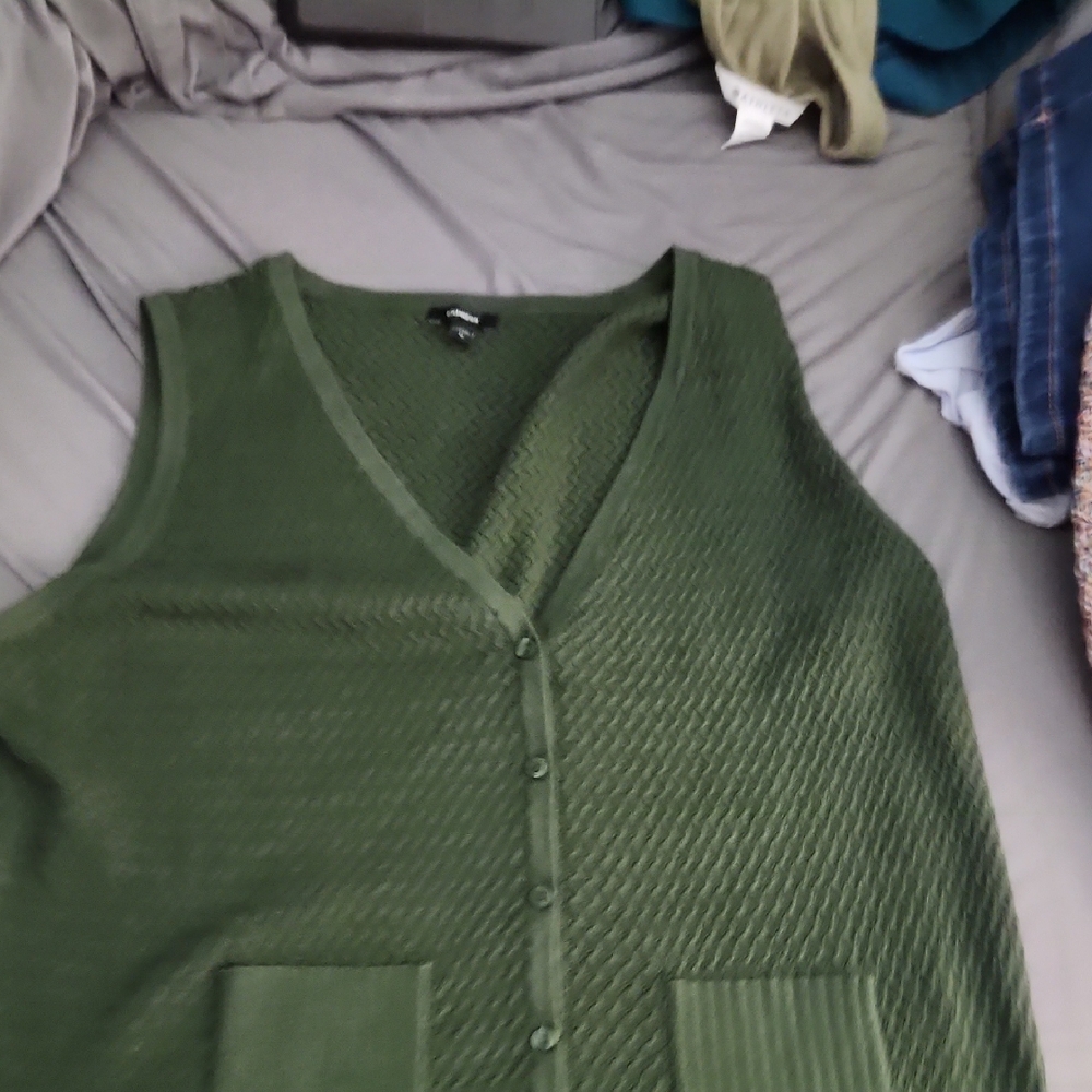 Express Olive Green V-Neck Knit Vest with Front Buttons